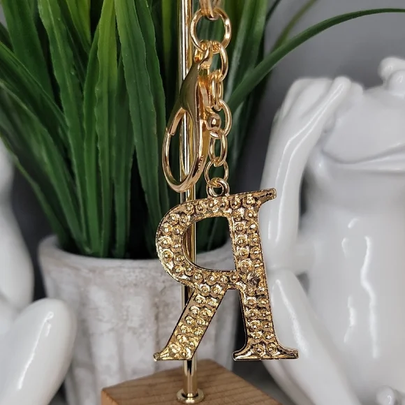 Letter R Initial R Alphabet R Rhinestone Gold Key Chain Bag Charm - Picture 5 of 7